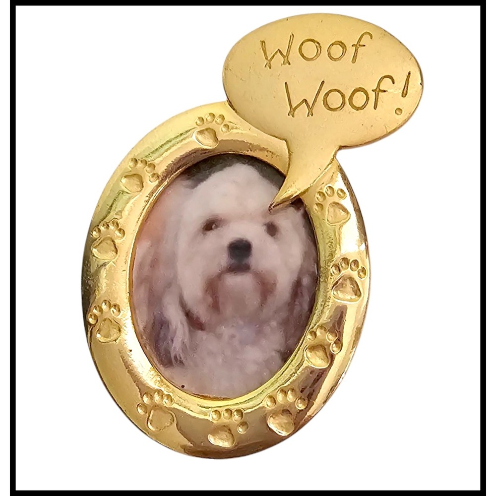 JJ Woof Woof Dog Pin Brooch Gold Tone Paw Print‎ Oval Picture Frame Puppy Cute